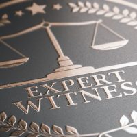 3D illustration of a golden stamp where it is written the text expert witness. Legal expertise.